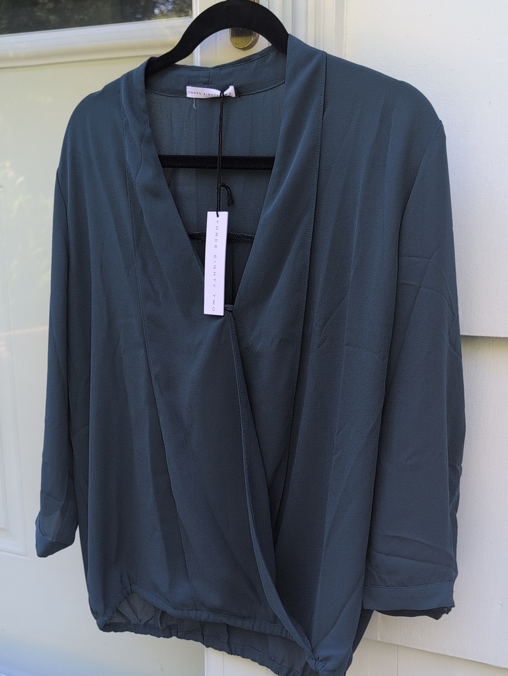 Three Eighty Two Slate Teal Draped Front Blouse Size L NWT
